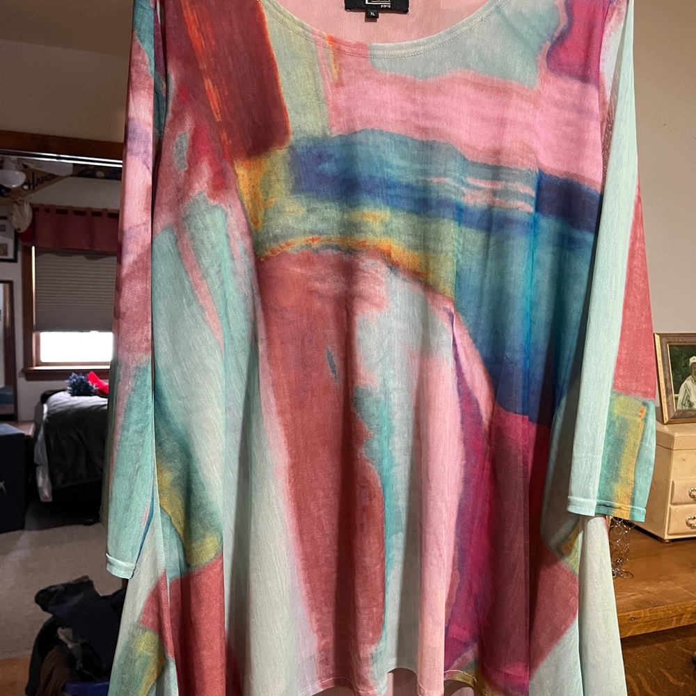 Pink and Green Top with Rounded Neckline